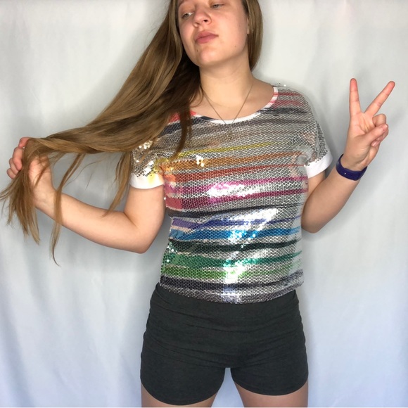 Body Central Rainbow Striped Sequin Relaxed Fit Top - Size Small - Picture 9 of 12